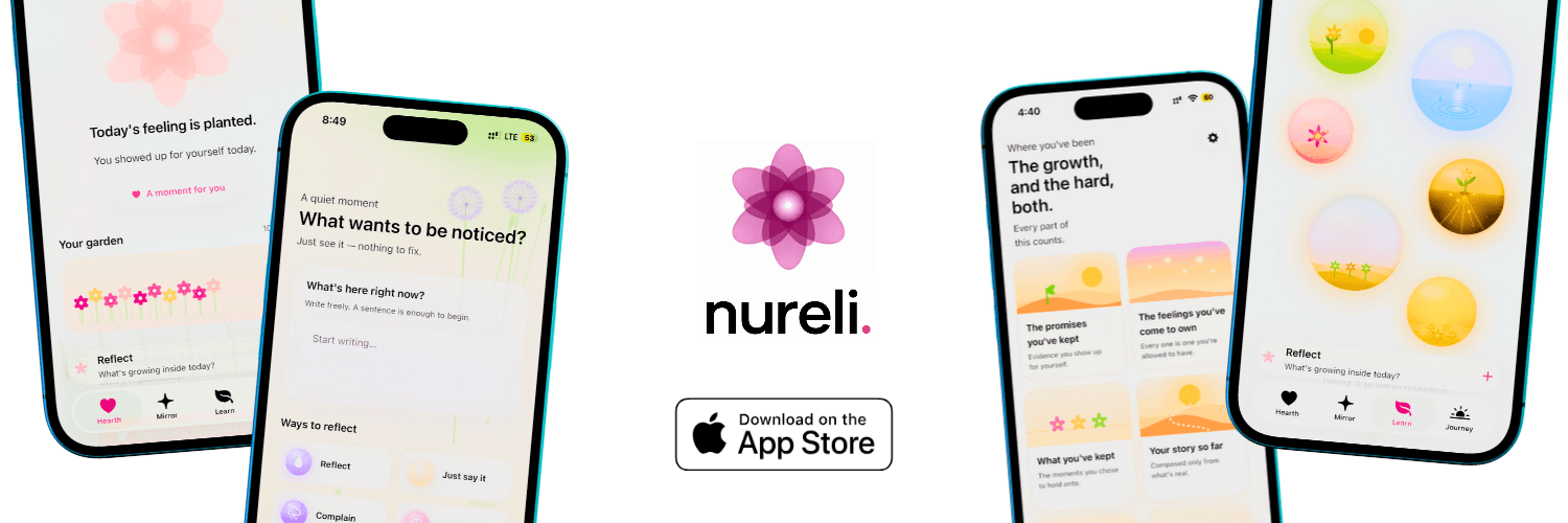Nureli app screens: a daily check-in, a space to reflect, and a journey view of growth, beside the Nureli logo