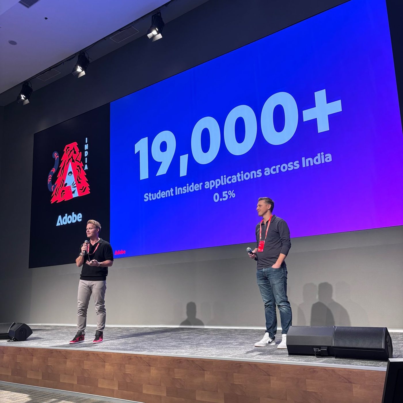 Adobe leaders on stage in front of a slide reading 19,000+ Student Insider applications across India, 0.5%